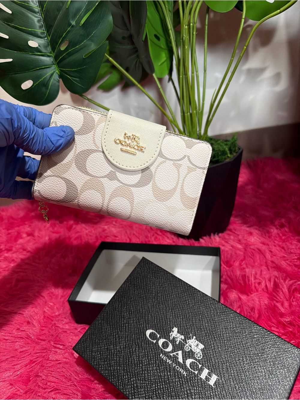 Coach Cream and Beige Signature Zip Wallet with Gold Hardware